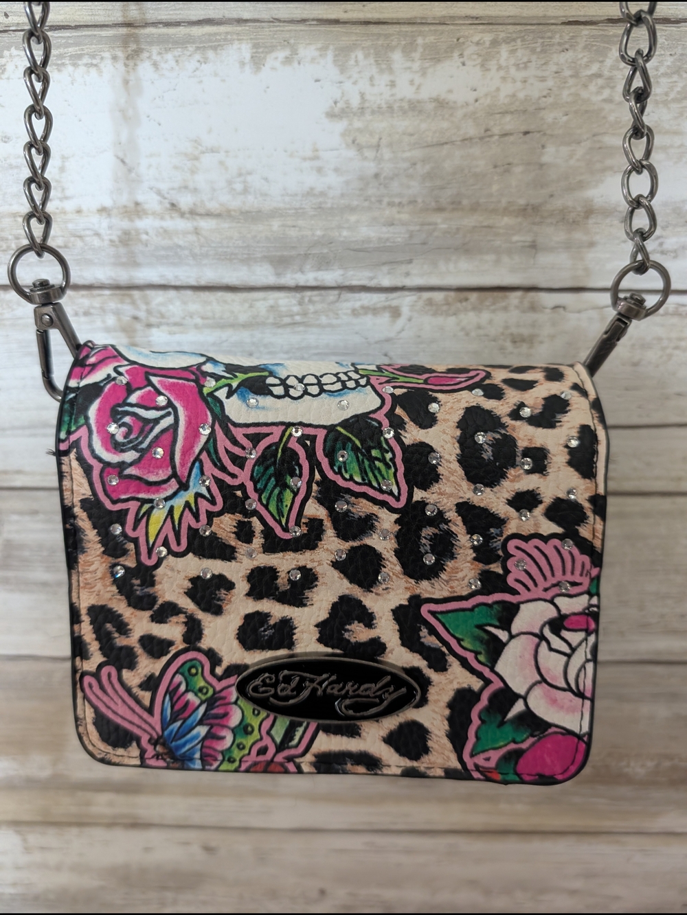 Ed Hardy Leopard Floral Crossbody with Pink & Green Accents